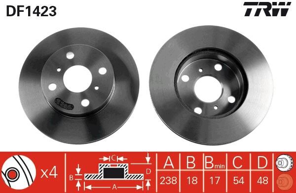 TRW DF1423 ÖN FREN DİSKİ HAVA KANALLI TOYOTA COROLLA 1.3L 2E EE100 95-98 / 1.6L 4A-F AE92 88-92 238 ÇAP X 4 BİJON - Takım disk fiyatıdır