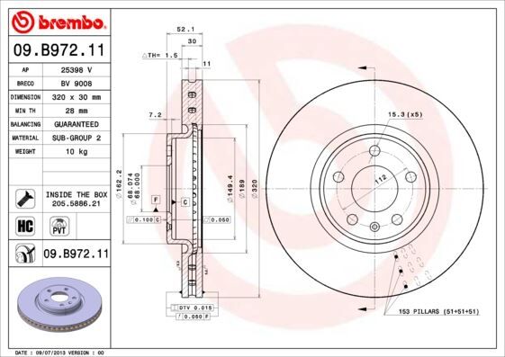 BREMBO 09B97211 ÖN FREN AYNASI A4-A5-A6-A7-Q5 320x30x28xHAVALI 986479753-DF6148