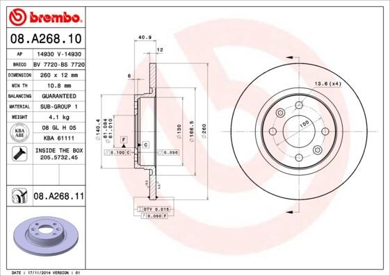 BREMBO 08A26810 ÖN FREN DİSKİ RENAULT SYMBOL II 08> SYMBOL III 13> TWINGO I 96> DACIA LOGAN 06> LOGAN II MCV 12> SANDERO 08> SANDERO II 13> 259x12 4 DELİK