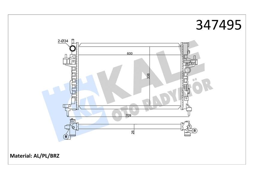 KALE 347495 SU RADYATÖRÜ OPEL CORSA C-COMBO-TIGRA 1.3 1.7 CDTI 03 > MT AC BRAZING 600x348x26 13100381-24466780-93177424-93177593