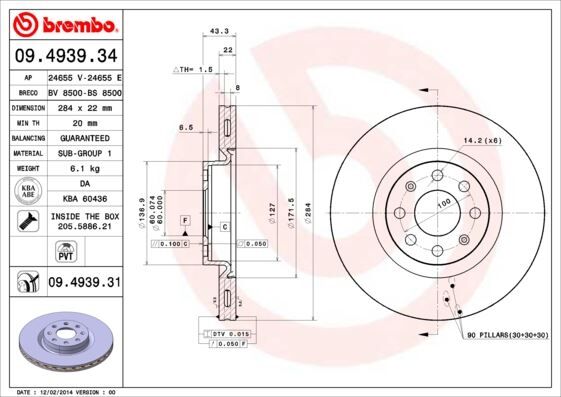 BREMBO 09493934 ÖN FREN AYNASI CORSA D 07> CORSA E 14> ADAM 13> PUNTO EVO-GRANDE PUNTO 05> 284x22x6DLxHAVALI 15 İNÇ 55702646