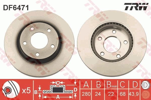 TRW DF6471 ÖN FREN DİSKİ HAVA KANALLI NISSAN JUKE 1.5L Dci F15 10-> / 1.6L HR16DE F15 10-> 280 çap x 5 bijon - Takım disk fiyatıdır