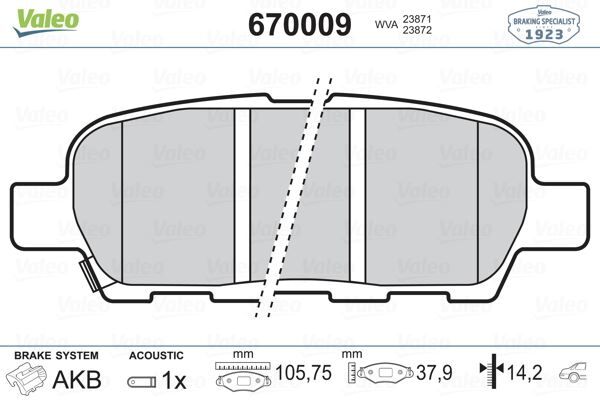 VALEO 670009 ARKA FREN BALATA NISSAN QASHQAI 1.5L 1.6L 2.0L K9K M9R HR16DE MR20DE J10 06-13 / X-TRAIL 2.0L QR20DE T30 01-07 2.5L QR25DE T30 01-> 2.2L YD22DDTi T30 01-> / MURANO 3.5L Z51 4x4 DCi 08-> / INFINITI FX