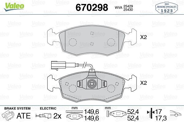 VALEO 670298 ÖN FREN BALATASI FIAT 500 10> 500 C 12> PUNTO 09> PUNTO EVO 09> K:17.1 MM G:149.3 MM