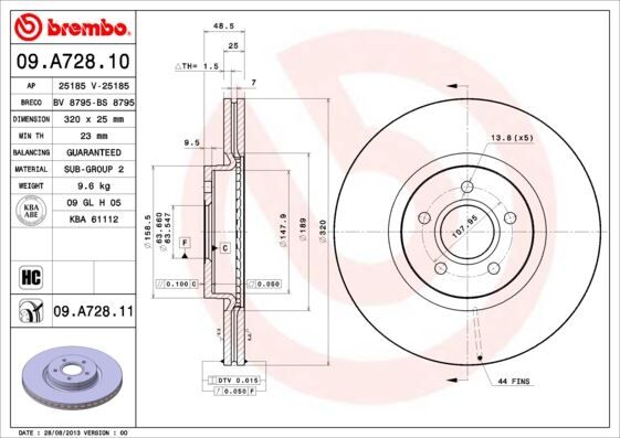 BREMBO 09A72811 ÖN FREN AYNASI VOLVO S40 2004-2012 C70 II 2006-2013 V40 2012 > V50 2004-2012 320 X5-DL