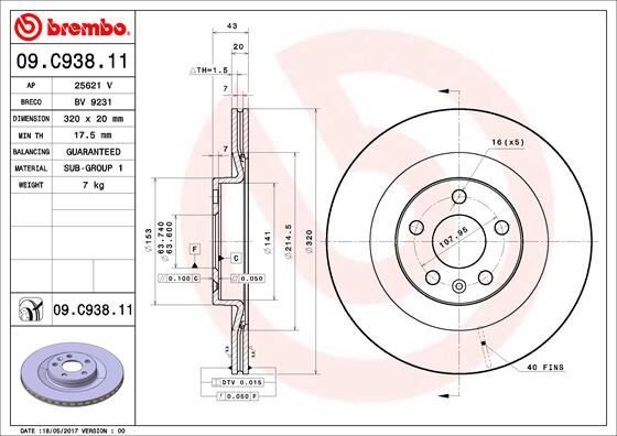 BREMBO 09C93811 ARKA FREN DİSKİ S60 III 224 -S90 II 234 -V60 II -V90 II 235-236 -XC40 536 -XC60 II XC90 2014 > DELİKLİ