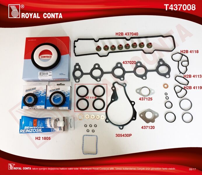 ROYAL T437008 MOTOR TAKIM CONTA REINZ KEÇELİ S.LASTİKLİ SKCSİZ FIESTA 02>08 FUSION 02>08 1.4 TDCI 206-307 C3C2-C3I-C3II-C3III-XSARAII-NEMO-206-207-307-BIPPER DV4 1.4HDI MAZDA 2 1.4 CD 03>07