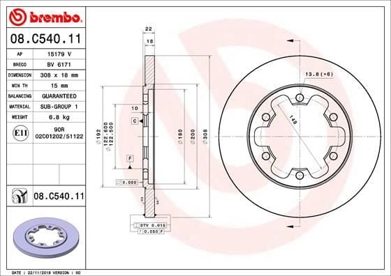 BREMBO 08C54011 ARKA FREN AYNASI TRANSİT V363 14 > ÇİFT TEKER 308x18x122.5x22x6DL