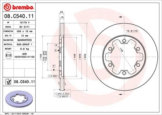 BREMBO 08C54011 ARKA FREN AYNASI TRANSİT V363 14 > ÇİFT TEKER 308x18x122.5x22x6DL