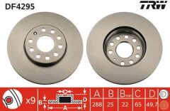 TRW DF4295 FREN DİSKİ ÖN VW CADDY-PASSAT-GOLF 5/6/7- SKODA OCTAVIA FORD CONNECT 23> ÇAP: 288mm. KALINLIK: 25mm Delik: 9