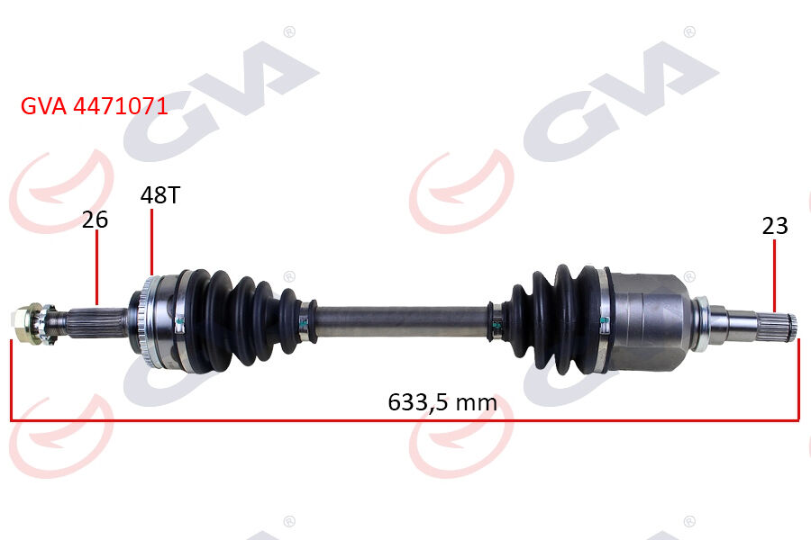 GVA 4471071 KOMPLE AKS SOL TOYOTA COROLLA 1.4L 1.6L 4ZZ-FE 3ZZ-FE ZZE120 ZZE121 VVTi 02-06 ABS li 26x23 - ABS 48 diş komple boy 633.5mm
