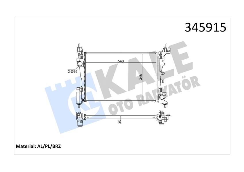 KALE 345915 SU RADYATÖRÜ FIAT PUNTO-FIORINO-QUBO 1.2 1.4 1.4 16V 05 > MT AC NAC BRAZING 540x348x26