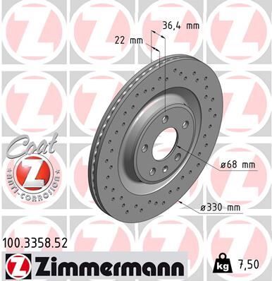 ZIMMERMANN 100.3358.52 ARKA FREN AYNASI TOUAREG 3.0TDI 17> A4-A5 1.8 TFSI-2.0 TDI 08> A6 2.0 TFSI-2.8 FSI 11> 330x22x5xHVLI DELİKLİ -986479750-986479C86-DF6175S