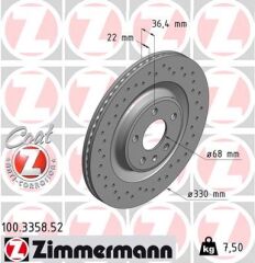 ZIMMERMANN 100.3358.52 ARKA FREN AYNASI TOUAREG 3.0TDI 17> A4-A5 1.8 TFSI-2.0 TDI 08> A6 2.0 TFSI-2.8 FSI 11> 330x22x5xHVLI DELİKLİ -986479750-986479C86-DF6175S