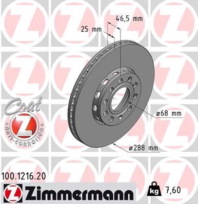 ZIMMERMANN 100.1216.20 ÖN FREN AYNASI PASSAT-VARIANT 11/96/5.05 AUDI A4-A6 1.8 20V-1.9TDI 97 > 288x25x5DLxHAVALI 986478546-DF2652-DF2652BP