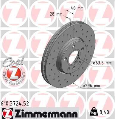 ZIMMERMANN 610.3724.52 FREN DİSKİ ÖN VOLVO S90-V60-V90 20> DIŞ ÇAP: 296mm DELİKLİ ADET