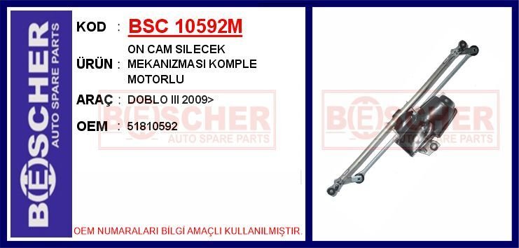 BSC 10592M ÖN CAM SILECEK MEKANIZMASI FIAT DOBLO III 10> MOTORLU