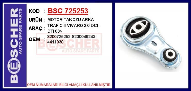 BSC 725253 MOTOR TAKOZU ARKA RENAULT TRAFIC II 06> OPEL VİVARO 06> 2.0dCi 2.5dCi
