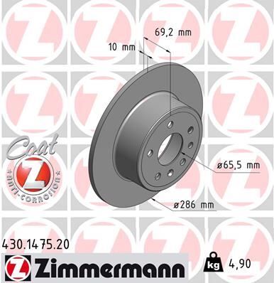 ZIMMERMANN 430.1475.20 ARKA FREN AYNASI VECTRA B 96-02 SAAB 900 93-03 286 x 10 x 5DL DOLU 5084751-5391578-90495269