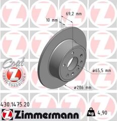 ZIMMERMANN 430.1475.20 ARKA FREN AYNASI VECTRA B 96-02 SAAB 900 93-03 286 x 10 x 5DL DOLU 5084751-5391578-90495269