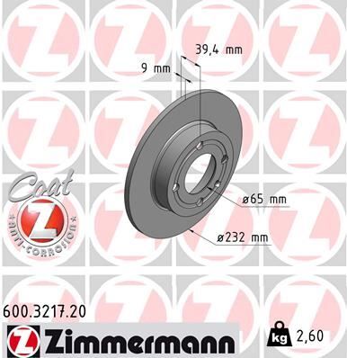 ZIMMERMANN 600.3217.20 ARKA FREN AYNASI CORDOBA 96/10.02 IBIZA III 96/2.02 AROSA 00/6.04 POLO 96/01 232x8.8x4DL 986478492-986479C67-DF4062