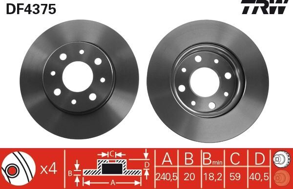 TRW DF4375 ON FREN DISKI FIAT 500 08> 500C 09> PANDA 12> FORD KA 1.3 TDCİ 09> 0.9-1.2-1.4-1.3DMTJ 240.5