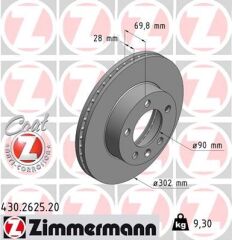 ZIMMERMANN 430.2625.20 ÖN FREN AYNASI RENAULT MASTER III 10> MASTER IV 20> OPEL MOVANO B 10> 2.3dCi 302x28x5 5 DELİK HAVALI