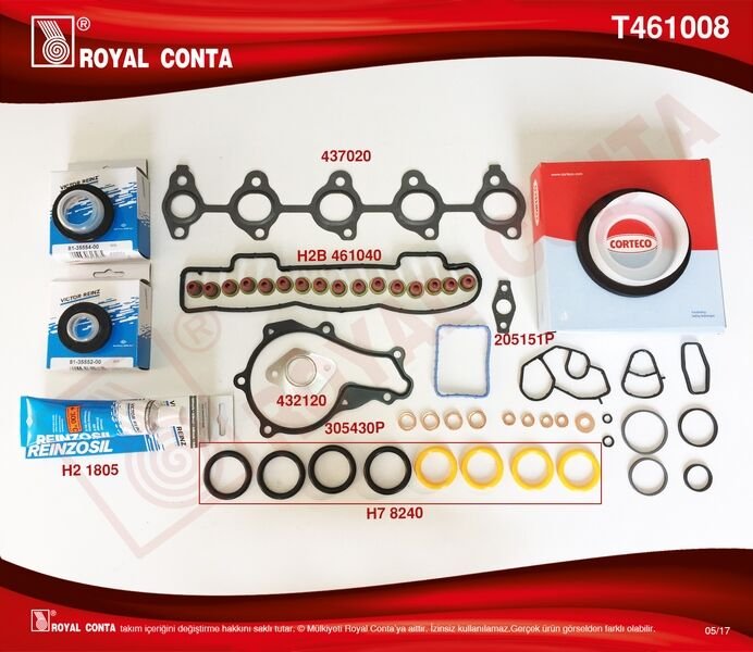 ROYAL T461008 MOTOR TAKIM CONTA REINZ KEÇELİ S.LASTİKLİ TAM TK. SKCSİZ FOCUS II 1.6 TDCI 04>11 FIESTA 1.6 TDCI 02 >08 FUSION 1.6 TDCI 04>14 VOLVO C30 06>12 S40 II 06>12 S80 II 06>12 V50 05>12 V70 III 09>11 1.6D-206