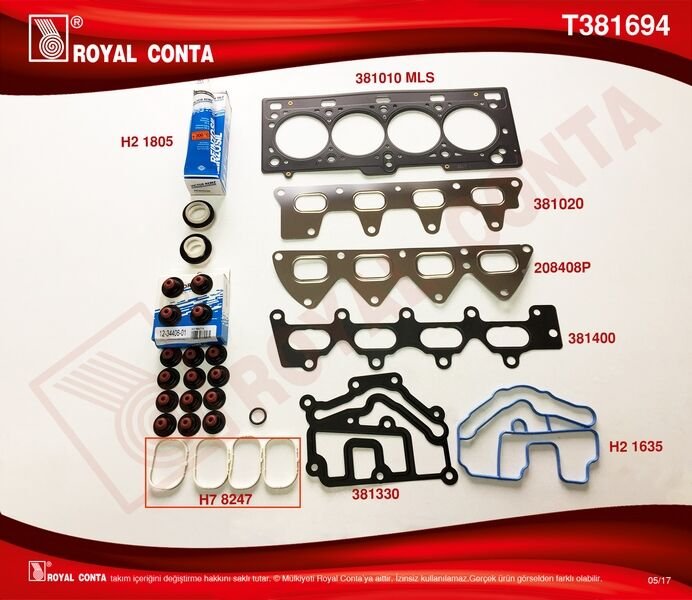 ROYAL T381694 ÜST TAKIM CONTA REINZ KEÇE SUBAP LASTİK MGN II-CLIO III-SCENIC II-III 1.6 16V K4M 110-112-113 HP