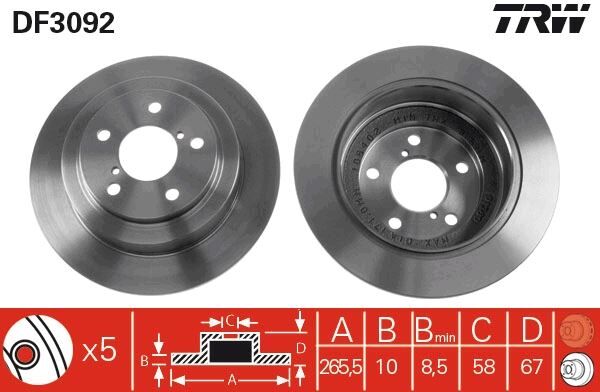 TRW DF3092 ARKA FREN DİSKİ DOLU TİP SUBARU IMPREZA 2.0L EJ20 GC8 kasa 96-00 / FORESTER 2.0L EJ20 SF kasa 98-> / LEGACY 2.0L EJ20 94-98 266 çap x 5 bijon - Takım disk fiyatıdır