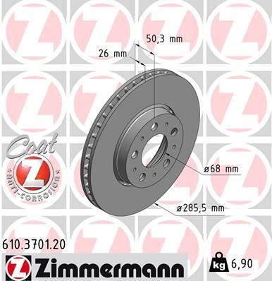 ZIMMERMANN 610.3701.20 ÖN FREN AYNASI VOLVO S60 00-10 S80 98-06 V70 97-07 XC70 00-07 285x5DL KÜÇÜK TİP 986479210-DF4238