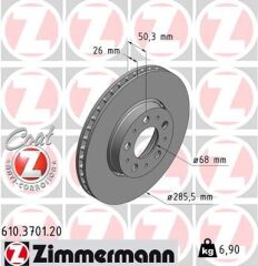 ZIMMERMANN 610.3701.20 ÖN FREN AYNASI VOLVO S60 00-10 S80 98-06 V70 97-07 XC70 00-07 285x5DL KÜÇÜK TİP 986479210-DF4238