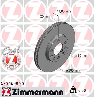 ZIMMERMANN 430.1498.20 ÖN FREN AYNASI VECTRA C 02> SIGNUM 03> SAAB 9.3 02> CROMA 05> 285x25x5DLxHAVALI 46844071-51819733