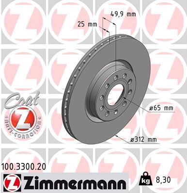 ZIMMERMANN 100.3300.20 FREN DİSKİ ÖN VW PASSAT-GOLF5-GOLF6-GOLF7-CADDY-A3-LEON-FORD CONNECT 23> ÇAP: 312mm. KALINLIK: 25mm Delik: 5