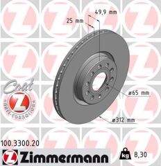 ZIMMERMANN 100.3300.20 FREN DİSKİ ÖN VW PASSAT-GOLF5-GOLF6-GOLF7-CADDY-A3-LEON-FORD CONNECT 23> ÇAP: 312mm. KALINLIK: 25mm Delik: 5