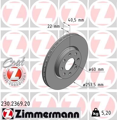 ZIMMERMANN 230.2369.20 ÖN FREN AYNASI CORSA D 07> CORSA E 14> ADAM 13> FIAT PUNTO EVO 09> GRANDE PUNTO 05> 257x22x4DL HAVA LI