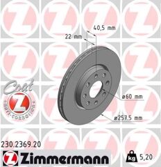 ZIMMERMANN 230.2369.20 ÖN FREN AYNASI CORSA D 07> CORSA E 14> ADAM 13> FIAT PUNTO EVO 09> GRANDE PUNTO 05> 257x22x4DL HAVA LI