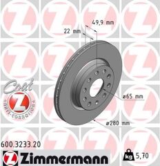 ZIMMERMANN 600.3233.20 ÖN FREN AYNASI GOLF V-VI-JETTA III-IV-CADDY III-A3 03>LEON 05>TOLEDO-OCTAVIA 04> 280x22x9DLxHAVALI 986479098-DF4294