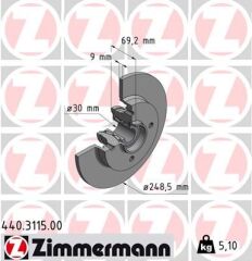 ZIMMERMANN 440.3115.00 ARKA FREN AYNASI PORYALI-RULMANLI CROSSLAND-C3-C3AIRCROSS-C4-P307-P208-P207-P2008 13> 249x9x4DL DOLU-SAĞUTMASIZ