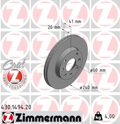 ZIMMERMANN 430.1494.20 ÖN FREN AYNASI CORSA C 1.0-1.2 16V 01>11 ABS Lİ 240x20x4DLxHAVALI
