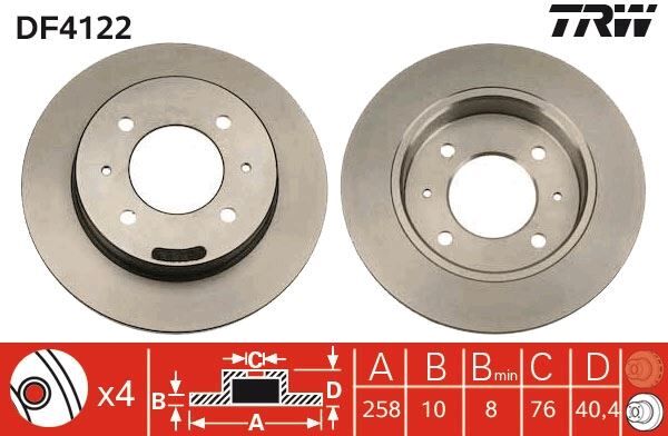 TRW DF4122 ARKA FREN DİSKİ DOLU TİP HYUNDAI ELANTRA 1.6L G4GR G4ED 96-06 258 çap x 4 bijon - Takım disk fiy atıdır