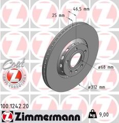 ZIMMERMANN 100.1242.20 ÖN FREN AYNASI PASSAT 1.6-1.9TDI-2.0-1.8T 00/5.05 A4 01>A6 97SUPERB 02>EXEO 09> 312x25x10DLxHAVALI x 986479057-DF4262S