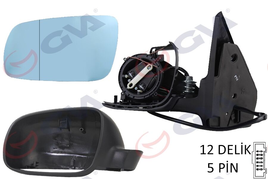 GVA 1075228 DIŞ DİKİZ AYNASI SOL GOLF-BORA 98> ELEKTRİKLİ ISITMALI SİYAH ASTARLI MAVİ CAM BÜYÜK TİP 5 FİŞ VM-188AL