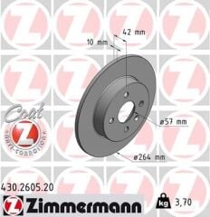 ZIMMERMANN 430.2605.20 ARKA FREN AYNASI ASTRA H L67 04>14 COMBO C 01>11 MERIVA A 03>10 264x10x4DL DOLU