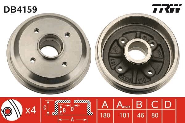 TRW DB4159 ARKA FREN KAMPANA PEUGEOT P106 93>04 P206 98>12 CITROEN SAXO 96>04 AX 91>96 180x80x52mm 4DL