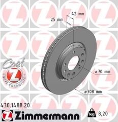 ZIMMERMANN 430.1488.20 ÖN FREN AYNASI ASTRA H-ZAFIRA B-MERIVA A-B-CORSA D-E-ADAM-ASTRA G-VECTRA B 308x25x5DLxHAVALI 16 İNÇ