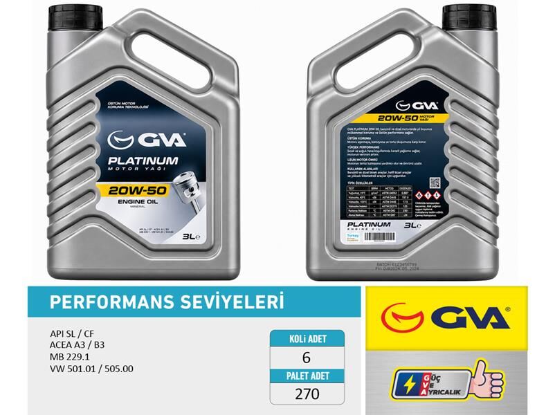 GVA 9921523 MOTOR YAĞI 20W50 3 LT PLATINUM MİNERAL API SL/CF