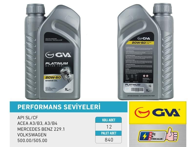 GVA 9920520 MOTOR YAĞI 20W50 1 LT PLATINUM MİNERAL API SL/CF