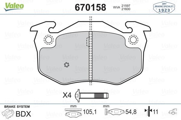 VALEO 670158 ARKA FREN BALATASI PEUGEOT P106 96>04 P205 87>98 P206 00>09 P306 97>01 P309 89>93 CITROEN SAXO 96>04 XSARA 97>05 ZX 92>97 RENAULT R9-R19- MGN I-CLIO I-II İNCE TİP