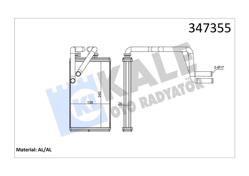KALE 347355 KALORİFER RADYATÖRÜ MITSUBISHI ASX 1.6L 4A92 GA1W 4x2 10-> / OUTLANDER 2.0L 4B11 CW4W turbo 4x4 07-1 2 / LANCER 1.6L 4A92 CY1A 10-> 1.5L 4A91 CY2A 08> / PEUGEOT 4007-4008
